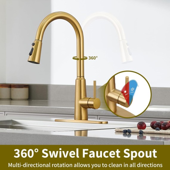 Tohlar Gold Touchless Kitchen Sink Faucet, Smart Bar Faucets with Pull Down Sprayer, 1 or 3 Hole Design Single Handle 304 Stainless Steel Motion Sensor Faucets for Kitchen Bar Sink RV