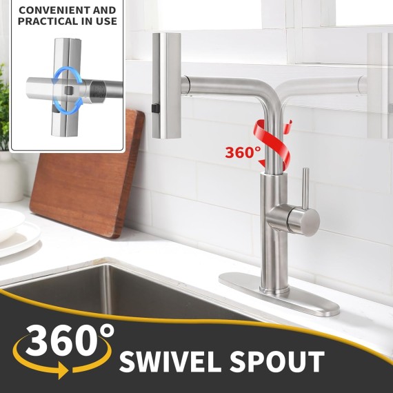 Kitchen Faucet with Pull Down Sprayer Brushed Nickel,Waterfall Single-Hole Handle Kitchen Sink Faucets Stainless Steel,Commercial Modern Touch on Faucets for Pull-Down Sprayer Kitchen Sinks