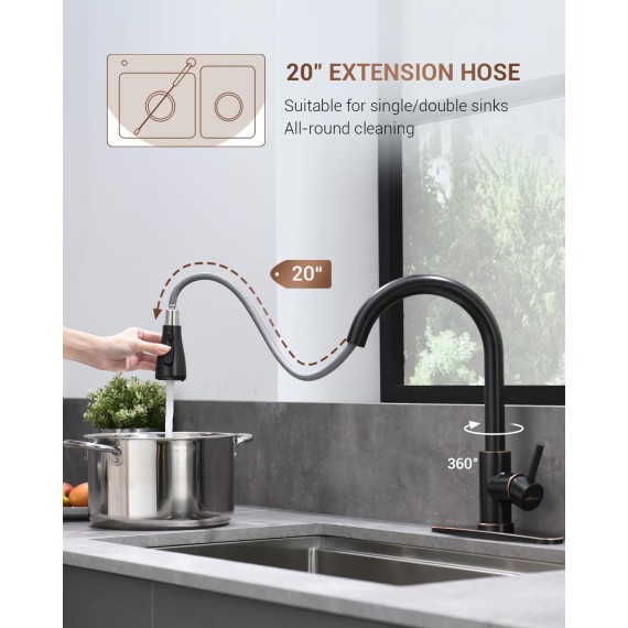 Oil Rubbed Bronze Kitchen Faucet, Stainless Steel Kitchen Faucet with Pull Down Sprayer 3 Modes, High Arc Kitchen Sink Faucet, Single Handle Faucet for Kitchen Sink with Deck Plate,1 or 3 Hole