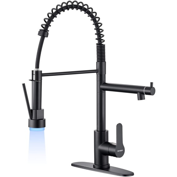 Kitchen Faucet with Pull Down Sprayer,Stainless Steel Spring Sink Faucets Dual Spouts with LED Light,Black Kitchen Sink Faucet with Pot Filler