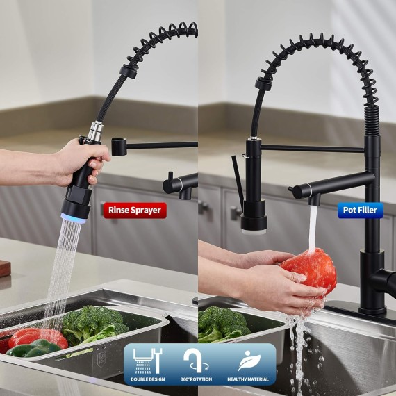 Kitchen Faucet with Pull Down Sprayer,Stainless Steel Spring Sink Faucets Dual Spouts with LED Light,Black Kitchen Sink Faucet with Pot Filler