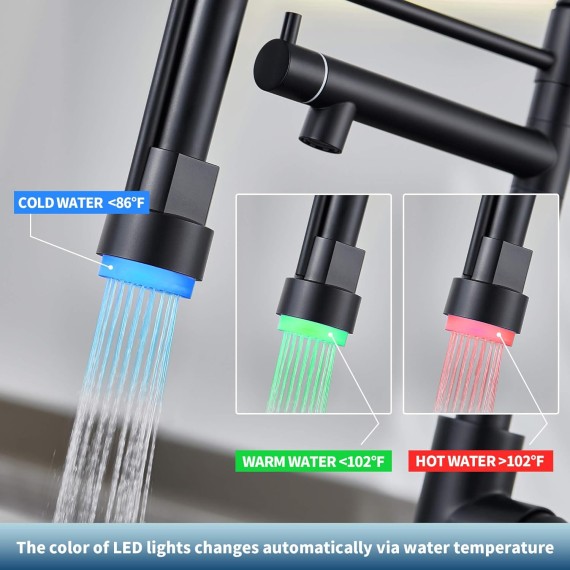 Kitchen Faucet with Pull Down Sprayer,Stainless Steel Spring Sink Faucets Dual Spouts with LED Light,Black Kitchen Sink Faucet with Pot Filler