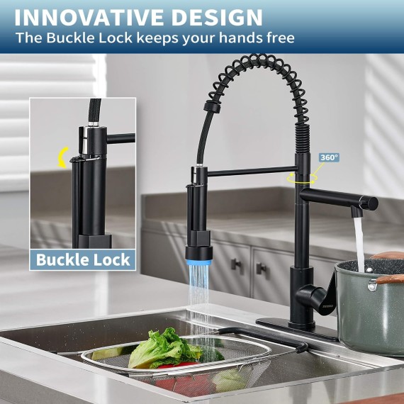 Kitchen Faucet with Pull Down Sprayer,Stainless Steel Spring Sink Faucets Dual Spouts with LED Light,Black Kitchen Sink Faucet with Pot Filler