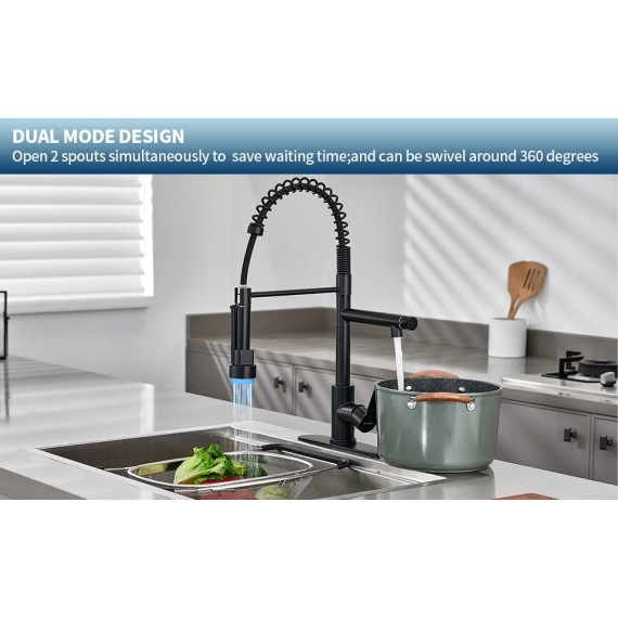 Kitchen Faucet with Pull Down Sprayer,Stainless Steel Spring Sink Faucets Dual Spouts with LED Light,Black Kitchen Sink Faucet with Pot Filler