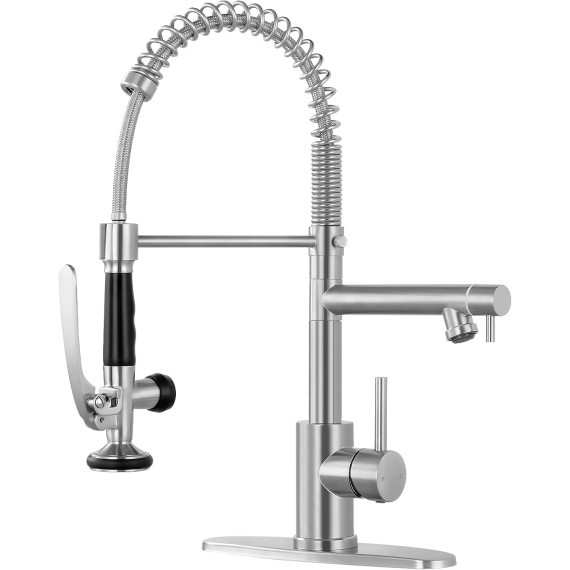 Kitchen Faucets with Pull Down Sprayer, Commercial Kitchen Faucets, Two Head Kitchen Sink Faucets, High Pressure Faucet for Kitchen Sink, Stainless Steel, Brushed Nickel