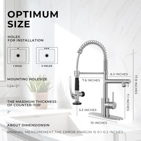 Kitchen Faucets with Pull Down Sprayer, Commercial Kitchen Faucets, Two Head Kitchen Sink Faucets, High Pressure Faucet for Kitchen Sink, Stainless Steel, Brushed Nickel