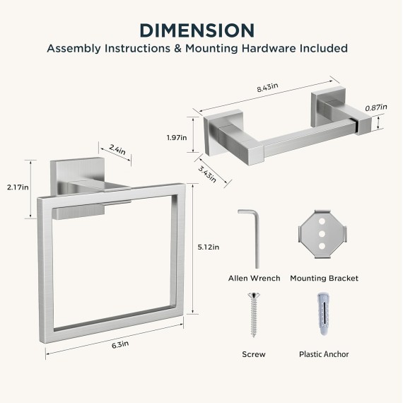 Brushed Nickel Toilet Paper Holder Set Wall Mount, Sus304 Stainless Steel Pivoting Toilet Paper Holder and Towel Ring, Toilet Tissue Holder for Bathroom, Square Bathroom Hardware Set Silver