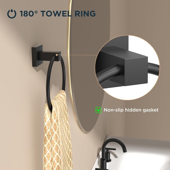 Toilet Paper Holder and Towel Ring Set, Matte Black Black Pivoting Toilet Paper Holder Wall Mount, Sus304 Stainless Steel Bathroom Tissue Holder, Modern Bathroom Hardware Set