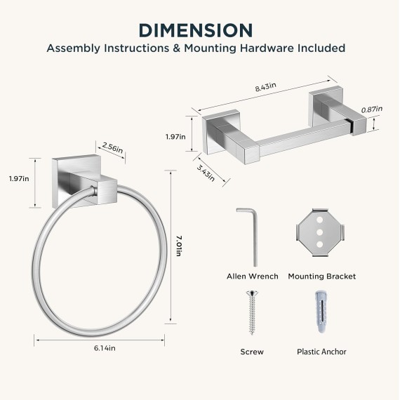 Toilet Paper Holder and Towel Ring Set, Brushed Nickel Pivoting Toilet Paper Holder Wall Mount, Sus304 Stainless Steel Bathroom Tissue Holder, Modern Bathroom Hardware Set