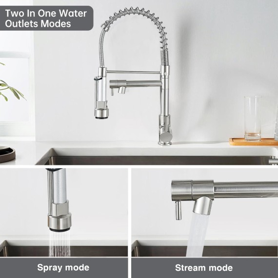 Kitchen Faucet with Pull Down Sprayer Commercial Double-Headed Kitchen Sink Faucet Faucet with Two Nozzles Single Handle Spring Kitchen Sink Faucet Brushed Nickel