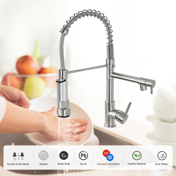 Kitchen Faucet with Pull Down Sprayer Commercial Double-Headed Kitchen Sink Faucet Faucet with Two Nozzles Single Handle Spring Kitchen Sink Faucet Brushed Nickel