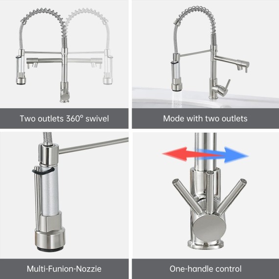 Kitchen Faucet with Pull Down Sprayer Commercial Double-Headed Kitchen Sink Faucet Faucet with Two Nozzles Single Handle Spring Kitchen Sink Faucet Brushed Nickel