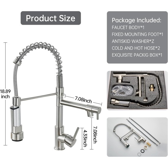 Kitchen Faucet with Pull Down Sprayer Commercial Double-Headed Kitchen Sink Faucet Faucet with Two Nozzles Single Handle Spring Kitchen Sink Faucet Brushed Nickel