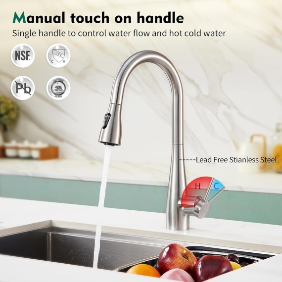 Infrared Sensor Kitchen Faucet,Touchless Kitchen Faucets with Pull Down Sprayer,360° Swivel Brushed Nickel Single Hole Laundry Faucet for Uitility Sink Commercial RV Bar Faucet Stainless Steel