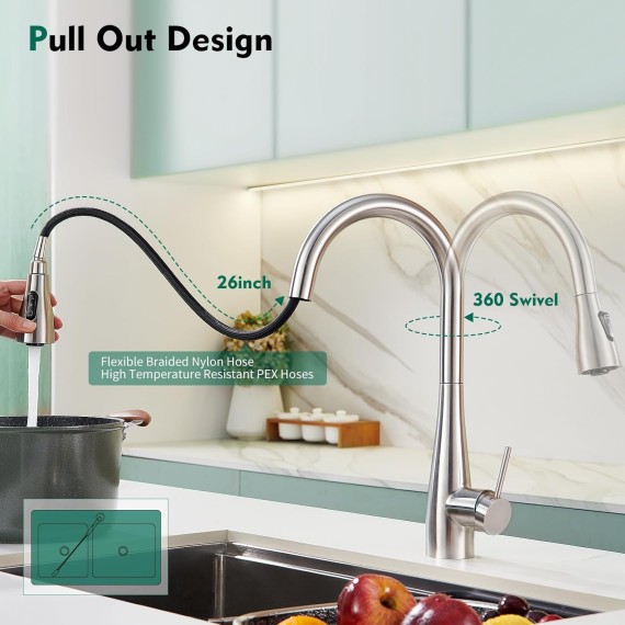 Infrared Sensor Kitchen Faucet,Touchless Kitchen Faucets with Pull Down Sprayer,360° Swivel Brushed Nickel Single Hole Laundry Faucet for Uitility Sink Commercial RV Bar Faucet Stainless Steel