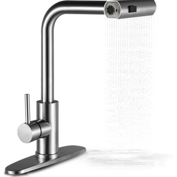 Kitchen Faucet with Pull-Out Sprayer, Waterfall Kitchen Sink Faucet Brushed Nickel, Touch On Single Handle Kitchen Faucet with Pull Down Sprayer, Commercial Modern RV Faucets Three Function