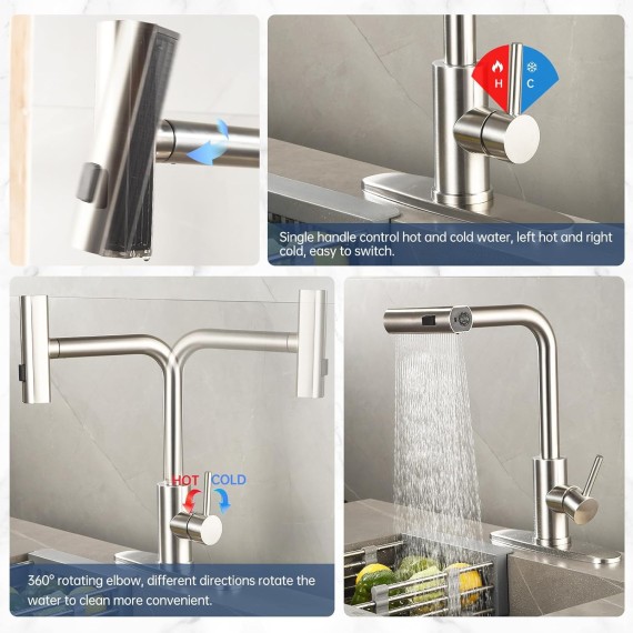 Kitchen Faucet with Pull-Out Sprayer, Waterfall Kitchen Sink Faucet Brushed Nickel, Touch On Single Handle Kitchen Faucet with Pull Down Sprayer, Commercial Modern RV Faucets Three Function