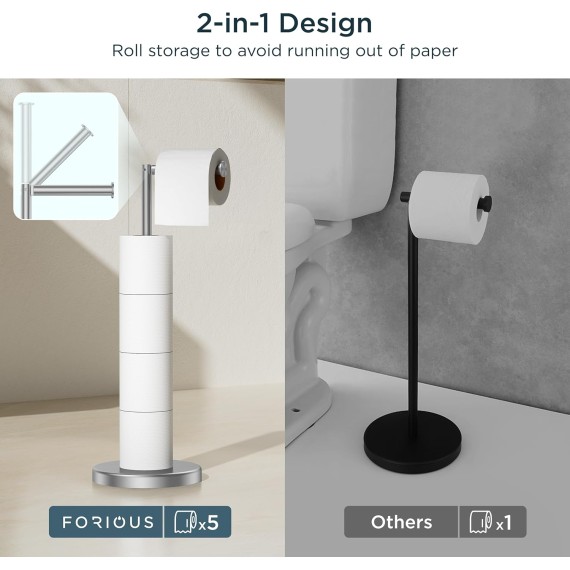 Brushed Nickel Toilet Paper Holder Free Standing, [2.9lb Weighted Base] Stand Up Toilet Paper Holder for Bathroom, 304 Stainless Steel Toilet Roll Tissue Holder Stand with Storage