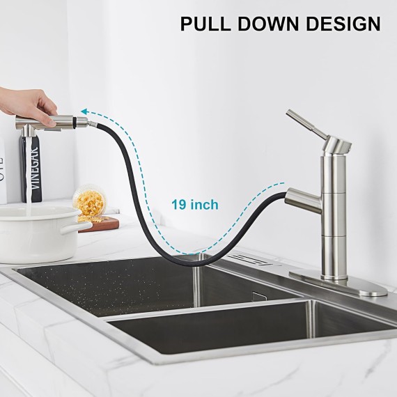 Pull Out Kitchen Faucets, Brushed Nickel Bar Sink Faucet with Pull Down Sprayer, Modern Stainless Steel RV Kitchen Faucet 2 Modes Power Clean Spot Resist Kitchen Sink Faucet