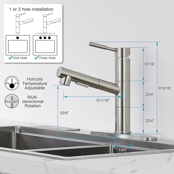 Pull Out Kitchen Faucets, Brushed Nickel Bar Sink Faucet with Pull Down Sprayer, Modern Stainless Steel RV Kitchen Faucet 2 Modes Power Clean Spot Resist Kitchen Sink Faucet