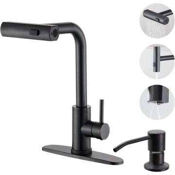 Kicthen Faucets with Pull Down Sprayer, Oil Rubbed Bronze Waterfall Kitchen Sink Faucet with Soap Dispenser, Single Hole Stainless Steel Kitchen Faucet, Modern Single Handle Kitchen Faucet