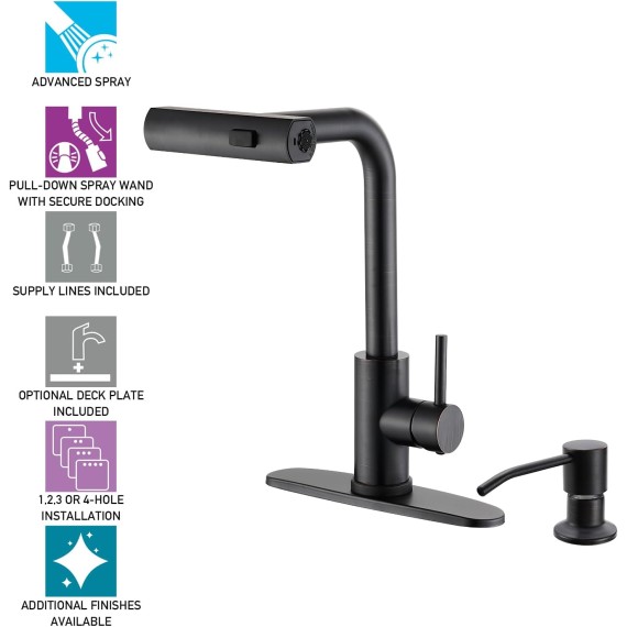 Kicthen Faucets with Pull Down Sprayer, Oil Rubbed Bronze Waterfall Kitchen Sink Faucet with Soap Dispenser, Single Hole Stainless Steel Kitchen Faucet, Modern Single Handle Kitchen Faucet