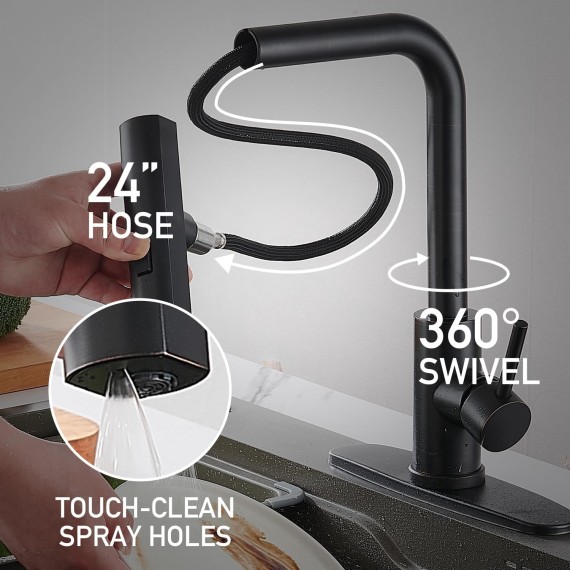 Kicthen Faucets with Pull Down Sprayer, Oil Rubbed Bronze Waterfall Kitchen Sink Faucet with Soap Dispenser, Single Hole Stainless Steel Kitchen Faucet, Modern Single Handle Kitchen Faucet