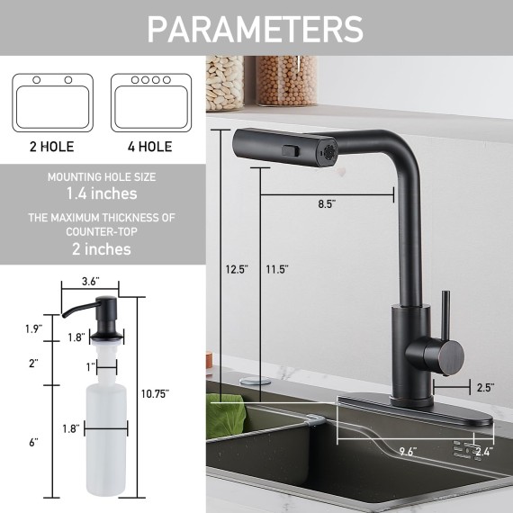 Kicthen Faucets with Pull Down Sprayer, Oil Rubbed Bronze Waterfall Kitchen Sink Faucet with Soap Dispenser, Single Hole Stainless Steel Kitchen Faucet, Modern Single Handle Kitchen Faucet