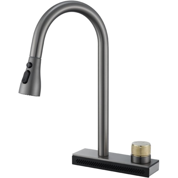 Kitchen Faucet Pull Out, Big Waterfall Kitchen Sink Faucet with 3 Functions Sprayers, Single Hole Sink Mixer Kitchen Tap with Rotate Button,Black (Color : Brushed Gunmetal)