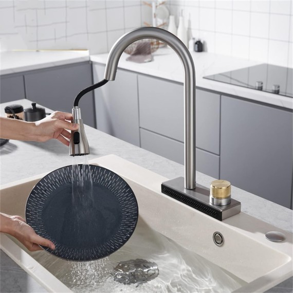 Kitchen Faucet Pull Out, Big Waterfall Kitchen Sink Faucet with 3 Functions Sprayers, Single Hole Sink Mixer Kitchen Tap with Rotate Button,Black (Color : Brushed Gunmetal)