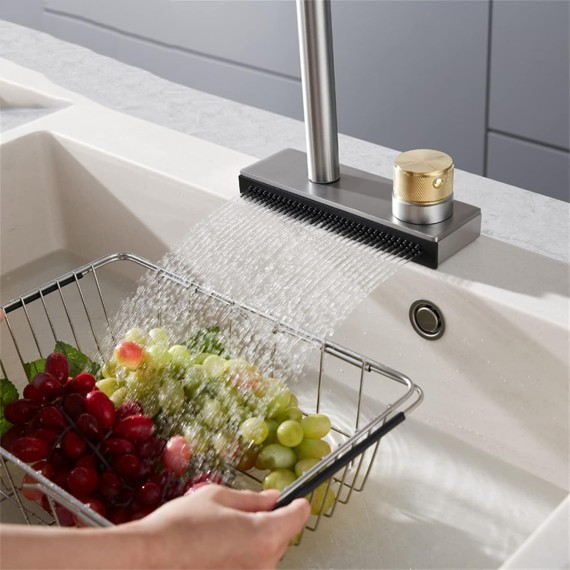 Kitchen Faucet Pull Out, Big Waterfall Kitchen Sink Faucet with 3 Functions Sprayers, Single Hole Sink Mixer Kitchen Tap with Rotate Button,Black (Color : Brushed Gunmetal)