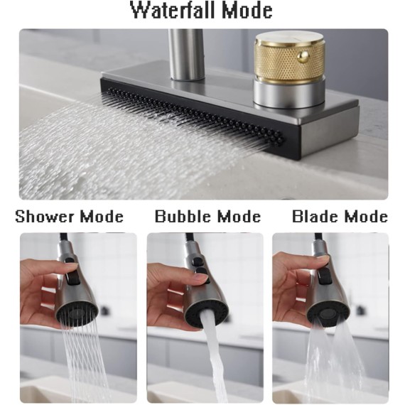 Kitchen Faucet Pull Out, Big Waterfall Kitchen Sink Faucet with 3 Functions Sprayers, Single Hole Sink Mixer Kitchen Tap with Rotate Button,Black (Color : Brushed Gunmetal)