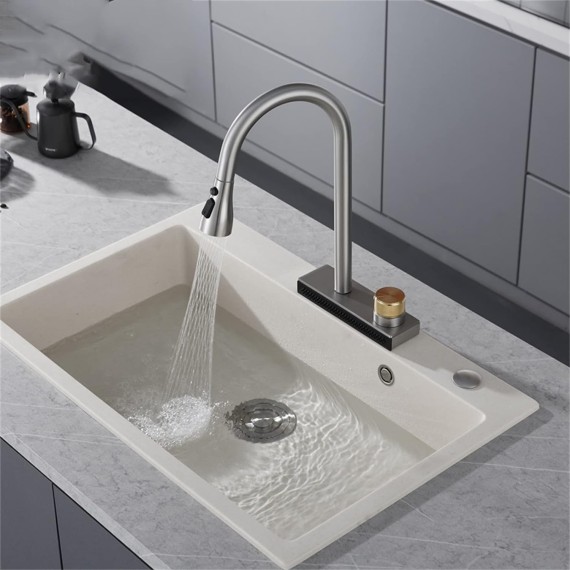 Kitchen Faucet Pull Out, Big Waterfall Kitchen Sink Faucet with 3 Functions Sprayers, Single Hole Sink Mixer Kitchen Tap with Rotate Button,Black (Color : Brushed Gunmetal)