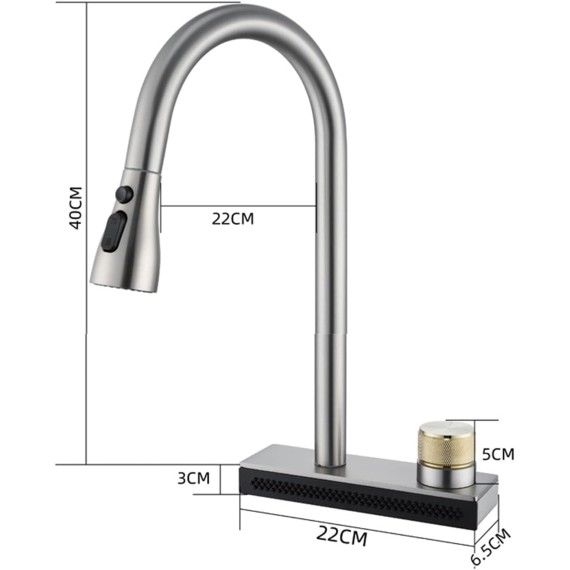 Kitchen Faucet Pull Out, Big Waterfall Kitchen Sink Faucet with 3 Functions Sprayers, Single Hole Sink Mixer Kitchen Tap with Rotate Button,Black (Color : Brushed Gunmetal)