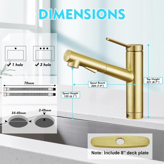 Low Profile Kitchen Faucet with Pull Out Sprayer,Bar Sink Faucet Single Hole Handle,Short Kitchen Faucet Prep Wet Bar Faucet Laundry Utility Faucet,Low Arc Small Modern Outdoor RV Faucet Gold