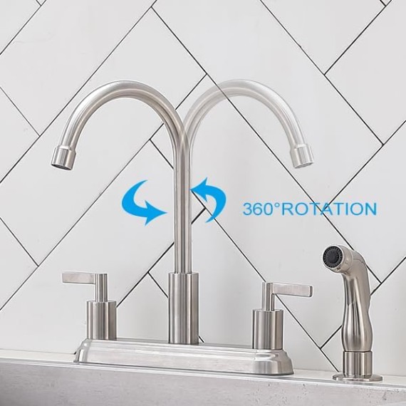 3 or 4 Hole Kitchen Faucet Brushed Nickel, 2 Handle 4 hole Kitchen Sink Faucet with Side Sprayer, lead-free 360 Swivel Stainless Steel Kitchen Faucet for RV Laundry Kitchen Sink