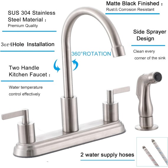 3 or 4 Hole Kitchen Faucet Brushed Nickel, 2 Handle 4 hole Kitchen Sink Faucet with Side Sprayer, lead-free 360 Swivel Stainless Steel Kitchen Faucet for RV Laundry Kitchen Sink