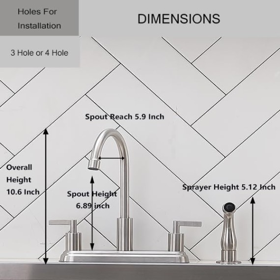 3 or 4 Hole Kitchen Faucet Brushed Nickel, 2 Handle 4 hole Kitchen Sink Faucet with Side Sprayer, lead-free 360 Swivel Stainless Steel Kitchen Faucet for RV Laundry Kitchen Sink