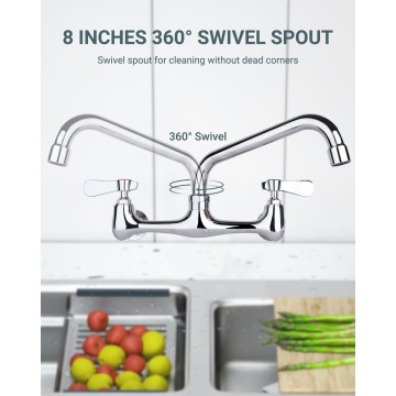 Commercial Kitchen Faucet 8 Inch Center Wall Mount Commercial Sink Faucet with 10 Inch Swivel Spout 2 Dual Handle Laundry & Utility Room Sink Faucets Restaurant Industrial Chrome Mixer Tap