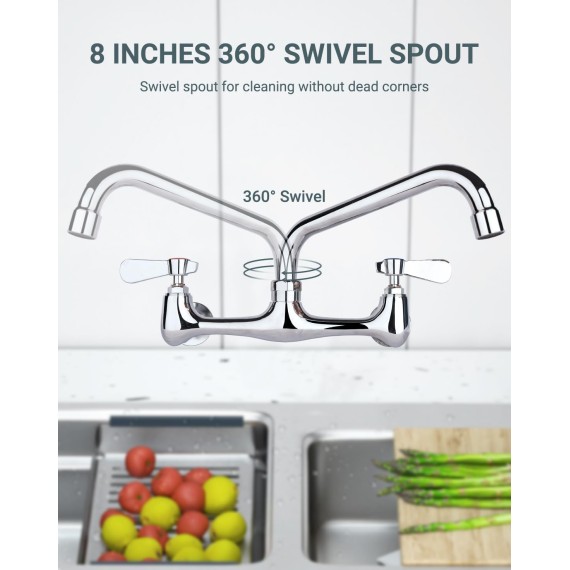 Commercial Kitchen Faucet 8 Inch Center Wall Mount Commercial Sink Faucet with 10 Inch Swivel Spout 2 Dual Handle Laundry & Utility Room Sink Faucets Restaurant Industrial Chrome Mixer Tap