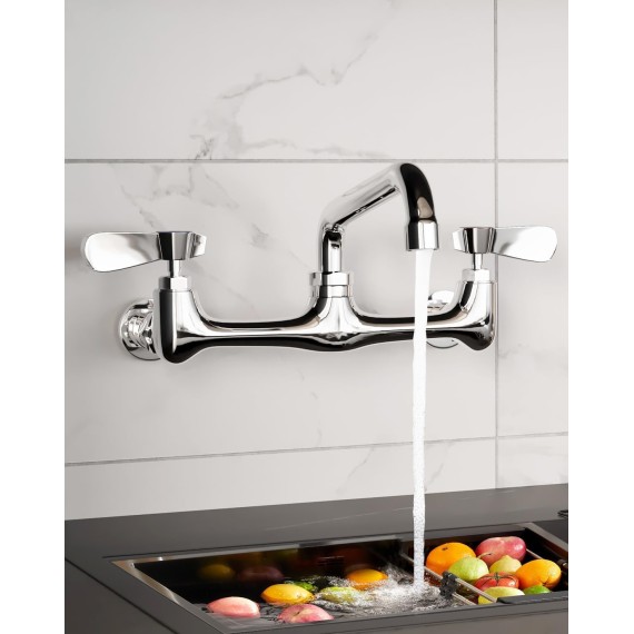 Commercial Kitchen Faucet 8 Inch Center Wall Mount Commercial Sink Faucet with 10 Inch Swivel Spout 2 Dual Handle Laundry & Utility Room Sink Faucets Restaurant Industrial Chrome Mixer Tap