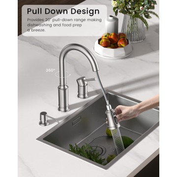 Kitchen Faucet with Soap Dispenser, 3 Hole Kitchen Faucet with Pull Down Sprayer, Stainless Steel Brushed Nickel Faucet for Kitchen Sink, High Arch Single Handle Kitchen Sink Faucet for Laundry