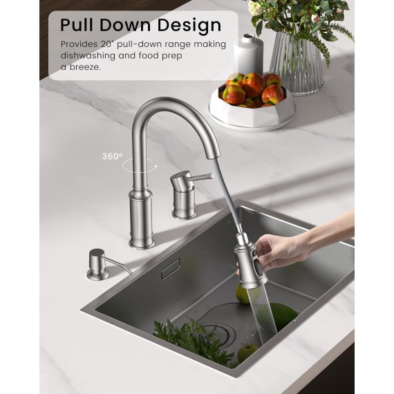 Kitchen Faucet with Soap Dispenser, 3 Hole Kitchen Faucet with Pull Down Sprayer, Stainless Steel Brushed Nickel Faucet for Kitchen Sink, High Arch Single Handle Kitchen Sink Faucet for Laundry