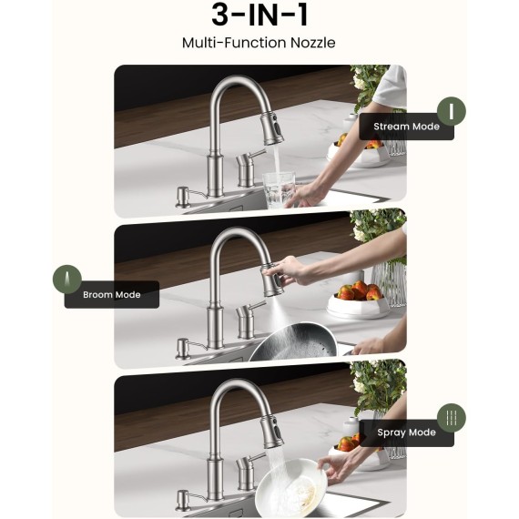 Kitchen Faucet with Soap Dispenser, 3 Hole Kitchen Faucet with Pull Down Sprayer, Stainless Steel Brushed Nickel Faucet for Kitchen Sink, High Arch Single Handle Kitchen Sink Faucet for Laundry