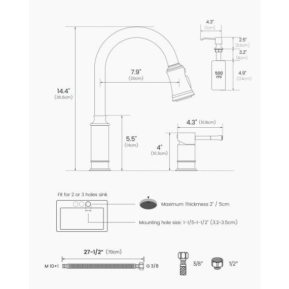 Kitchen Faucet with Soap Dispenser, 3 Hole Kitchen Faucet with Pull Down Sprayer, Stainless Steel Brushed Nickel Faucet for Kitchen Sink, High Arch Single Handle Kitchen Sink Faucet for Laundry