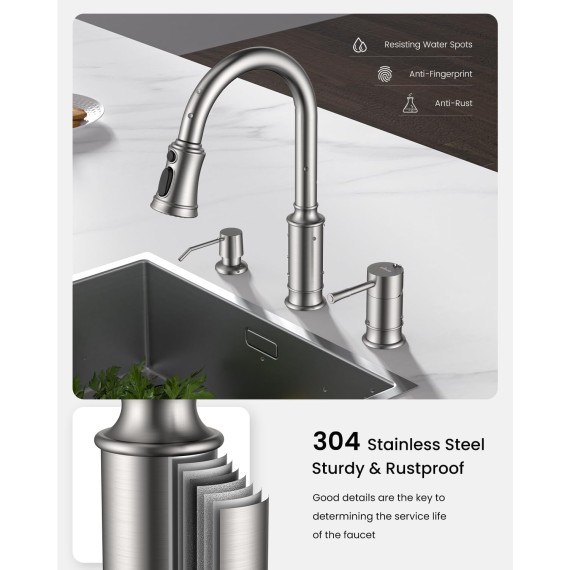 Kitchen Faucet with Soap Dispenser, 3 Hole Kitchen Faucet with Pull Down Sprayer, Stainless Steel Brushed Nickel Faucet for Kitchen Sink, High Arch Single Handle Kitchen Sink Faucet for Laundry