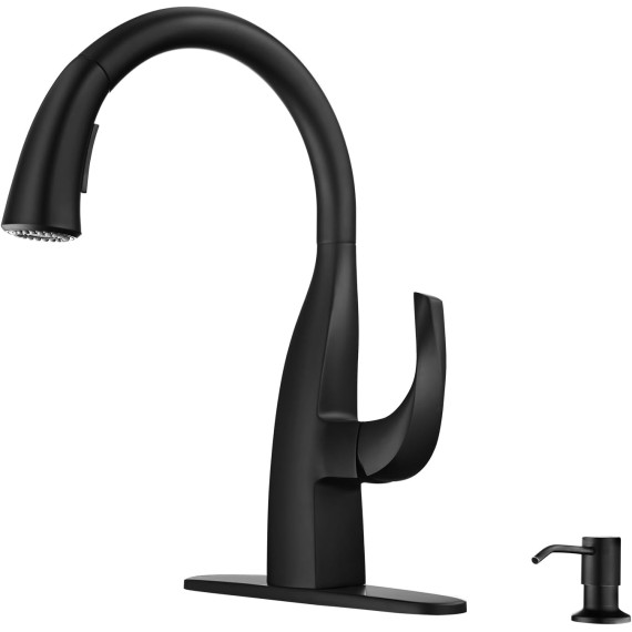 Matte Black Kitchen Faucet with Soap Dispenser:Single Handle Gooseneck Kitchen Sink Faucet Stainless Steel with Sprayer, High Arc Elegant Water Tap Water Faucet for Kitchen Sink