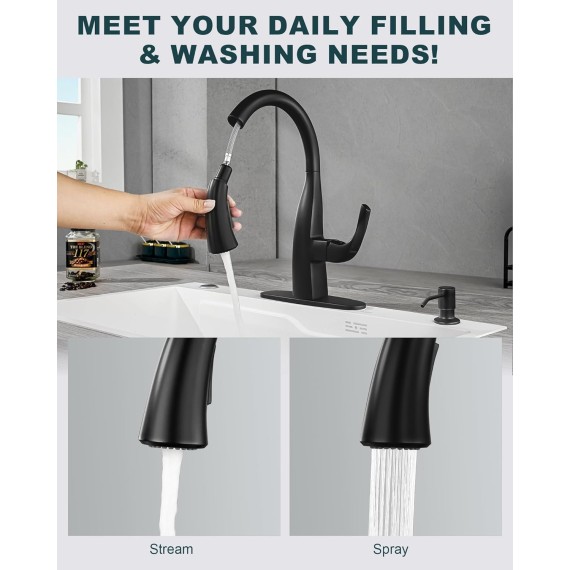 Matte Black Kitchen Faucet with Soap Dispenser:Single Handle Gooseneck Kitchen Sink Faucet Stainless Steel with Sprayer, High Arc Elegant Water Tap Water Faucet for Kitchen Sink