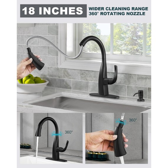 Matte Black Kitchen Faucet with Soap Dispenser:Single Handle Gooseneck Kitchen Sink Faucet Stainless Steel with Sprayer, High Arc Elegant Water Tap Water Faucet for Kitchen Sink