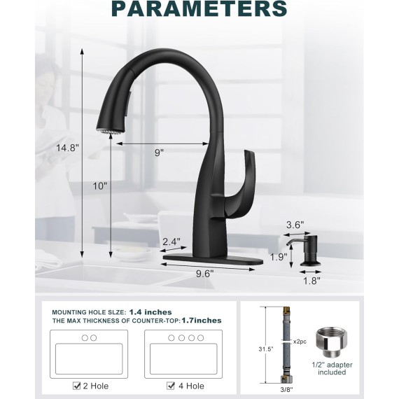 Matte Black Kitchen Faucet with Soap Dispenser:Single Handle Gooseneck Kitchen Sink Faucet Stainless Steel with Sprayer, High Arc Elegant Water Tap Water Faucet for Kitchen Sink